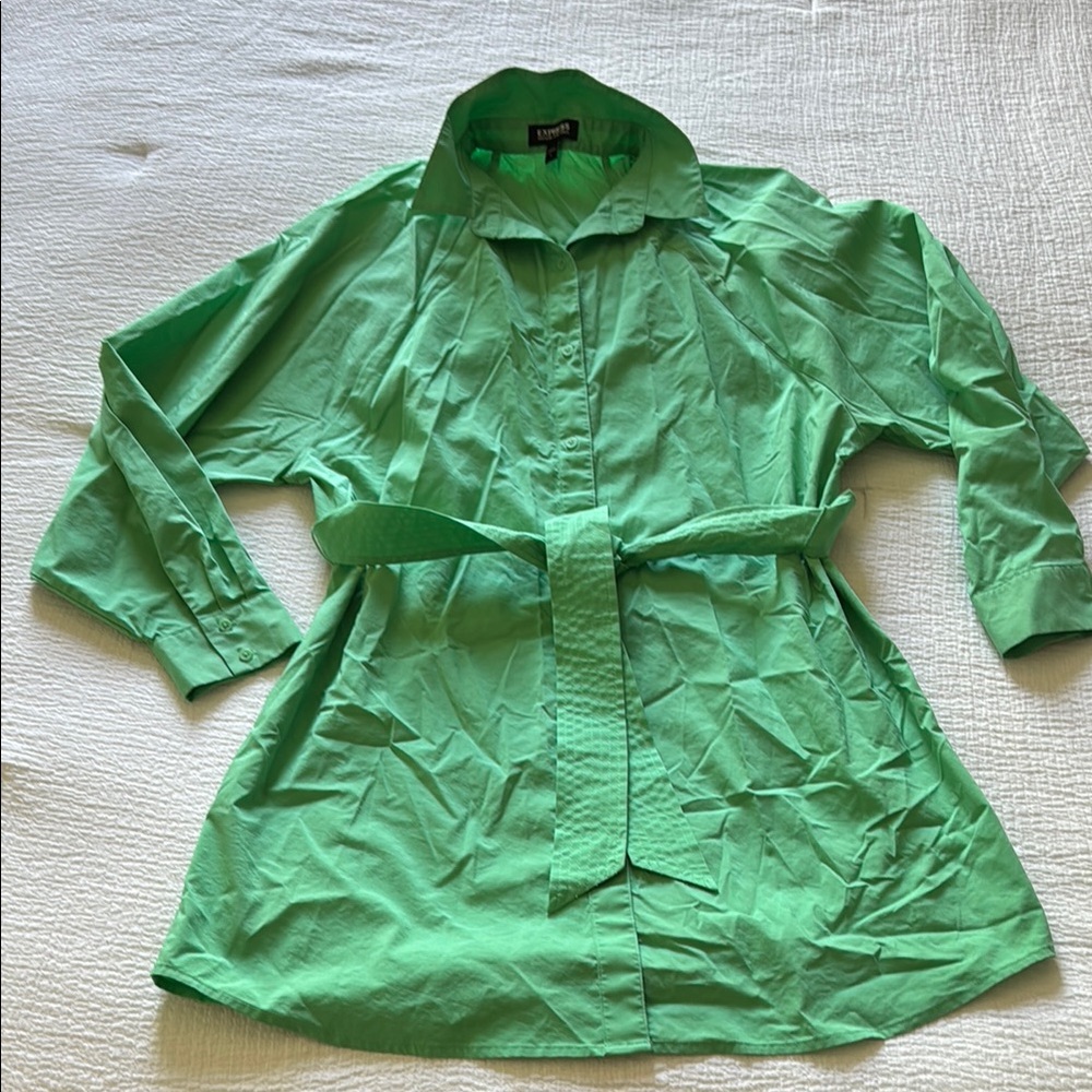 Express Portofino Spring Green Long-Sleeve Oversized Shirt Dress with Belt
